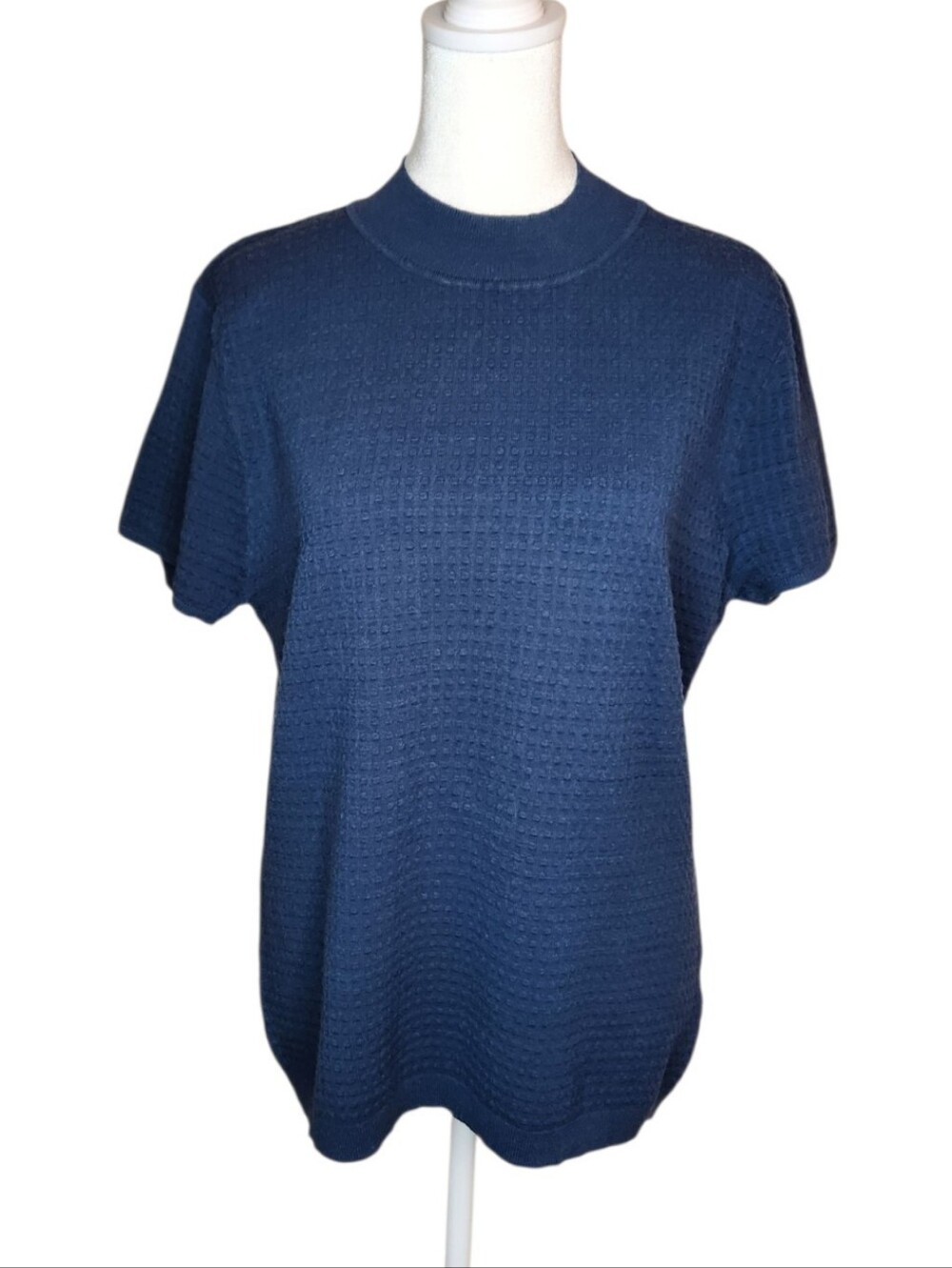 NEW Tahari Navy Mock Neck Waffle Knit Short Sleeve Sweater Top Size Large
